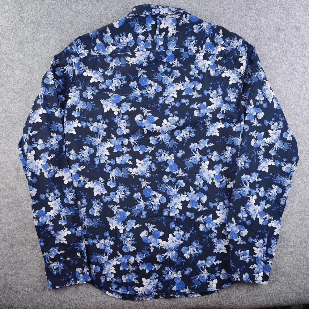 Banana Republic Luxe Poplin Shirt Mens Medium Untucked Slim Fit Blue Floral